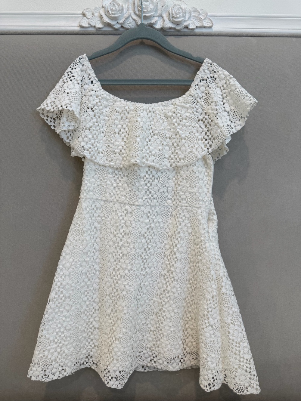 Zara Girls White Crochet Off-Shoulder Kids Dress